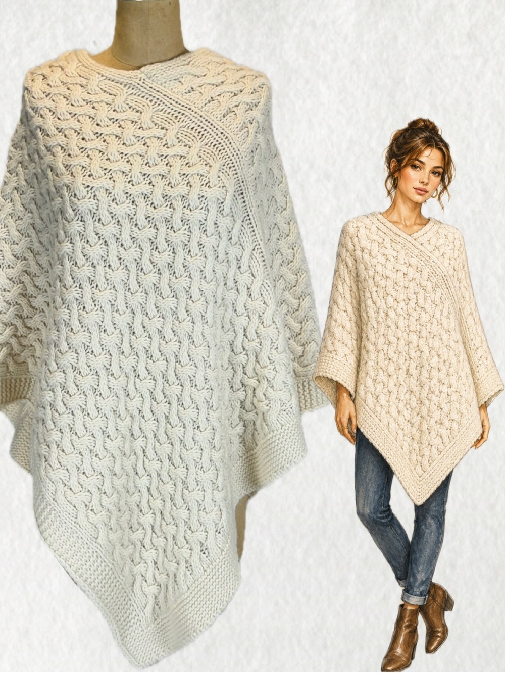 Cable knit sweater poncho pullover cape bohemian cozy hippie natural cream retro